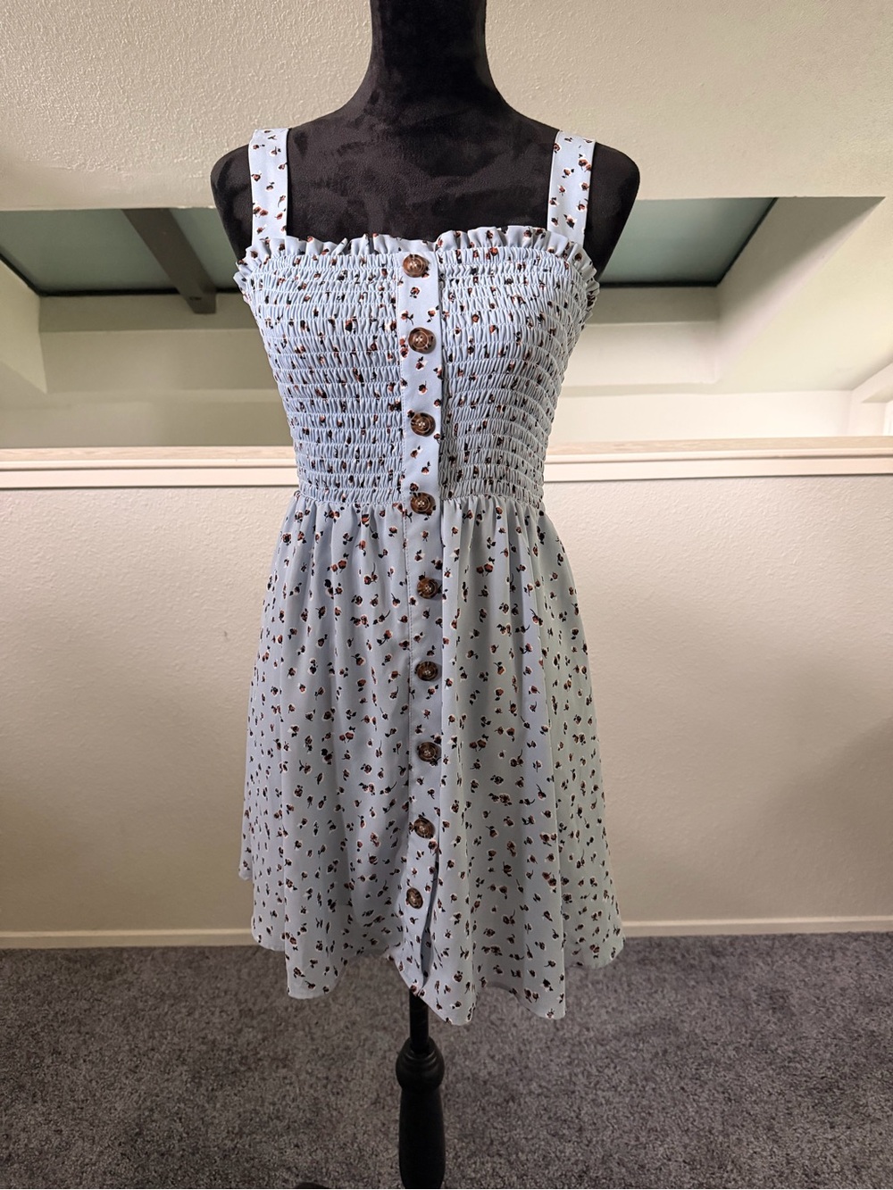 Sienna Sky Light Blue Floral Smocked Button-Front Midi Dress